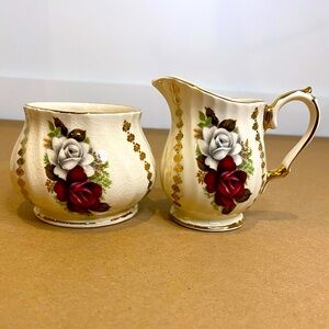 Vintage Sadler Fine Bone China Cream Sugar Red White Roses Swirl Pattern